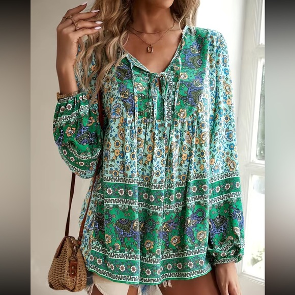 Boho floral print tie neck blouse - Picture 3 of 6